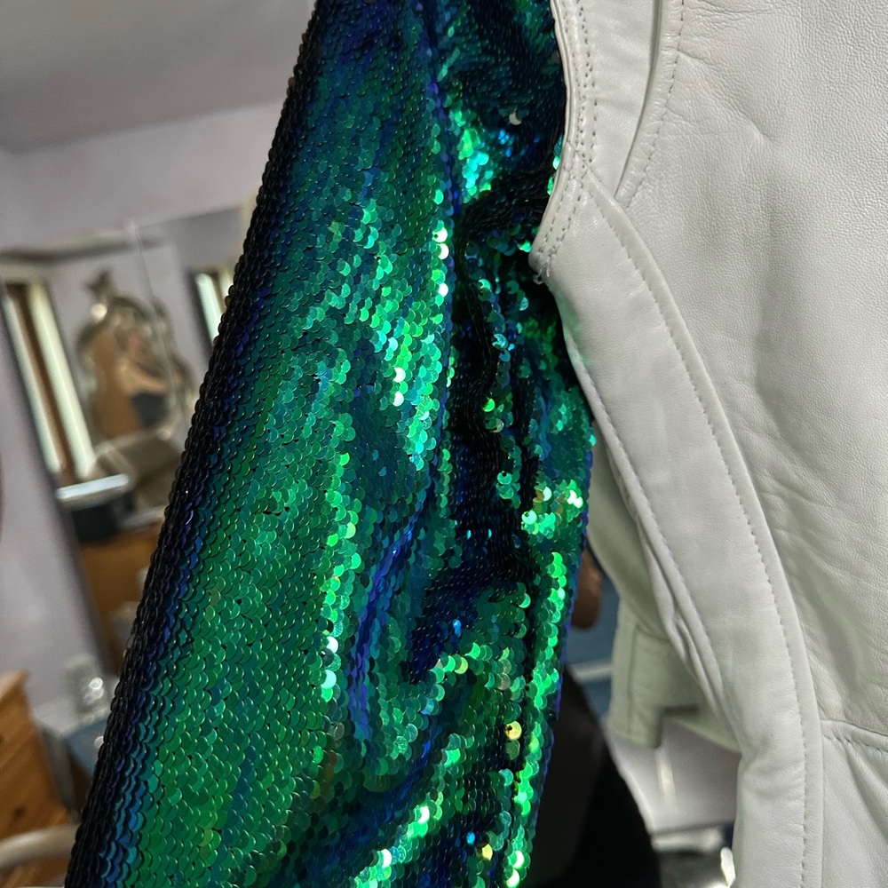 Sequin Sleeve White Leather Jacket - Picture 4 of 11